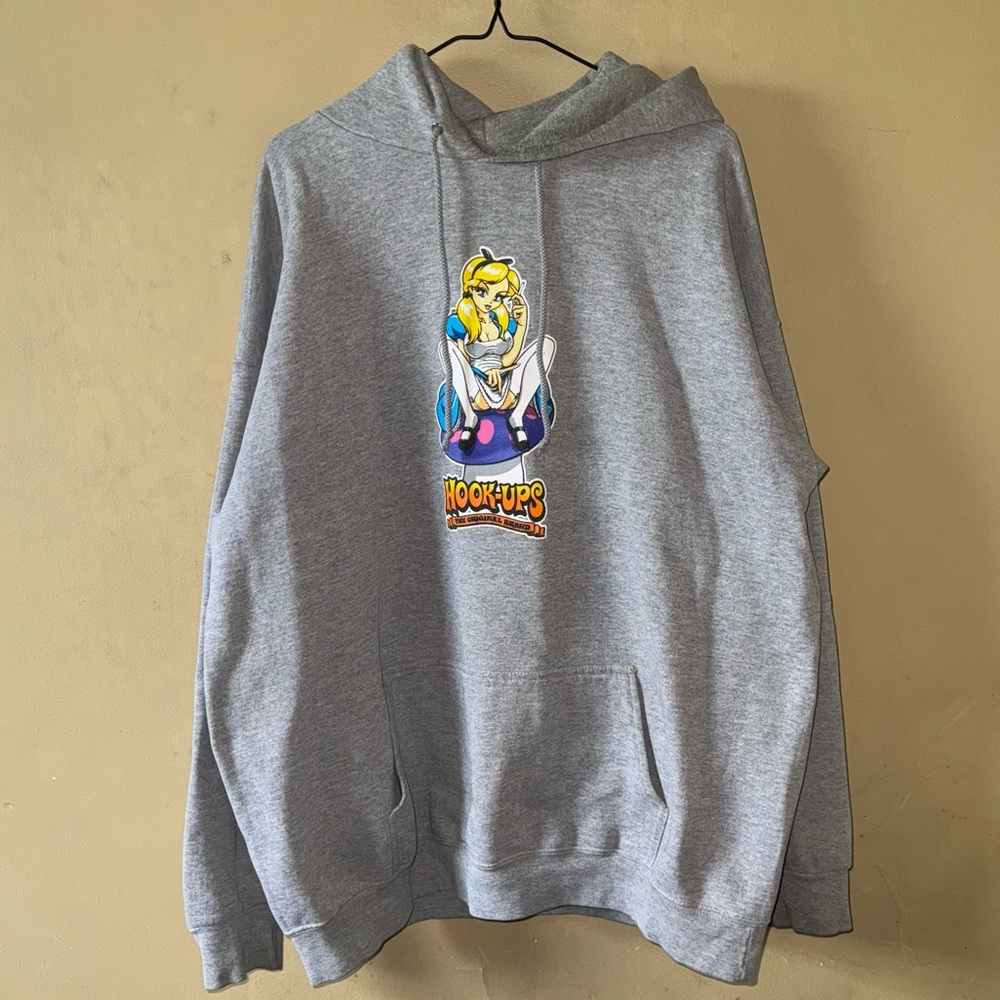 Vintage Y2K Hook-Ups Skateboards Alice Parody Lewd Anime Hoodie Grey